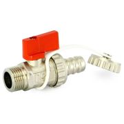 Кран Uni-Fitt шаровой НН 3/8quot;x3/4quot; сливной со штуцером, заглушка, флажок красный металл, никель